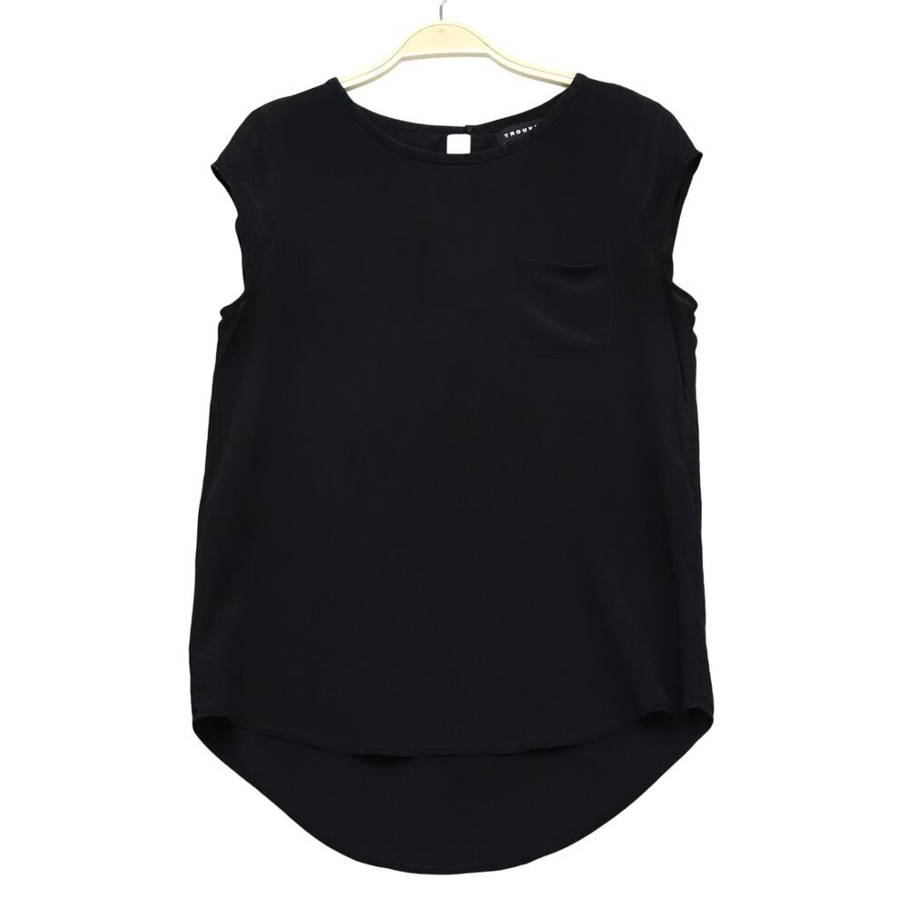Trouve 100% Silk Cap Sleeve Blouse S Keyhole Round Neck Pocket Office Minimalist
